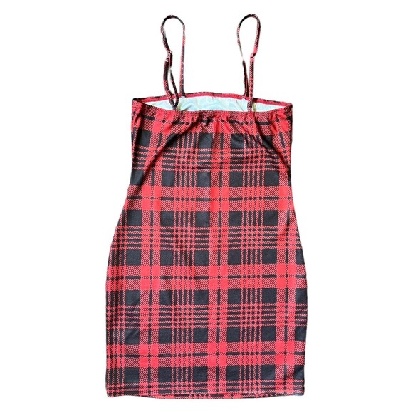 Small Red Plaid Print Mini Dress Red Schoolgirl Costume 90s Y2K Bodycon - Picture 2 of 7